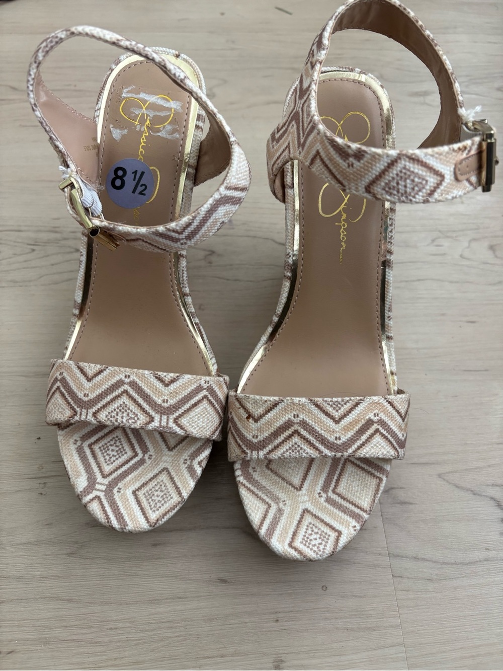 Jessica Simpson Beige and Cream Patterned Ankle-Strap Heels